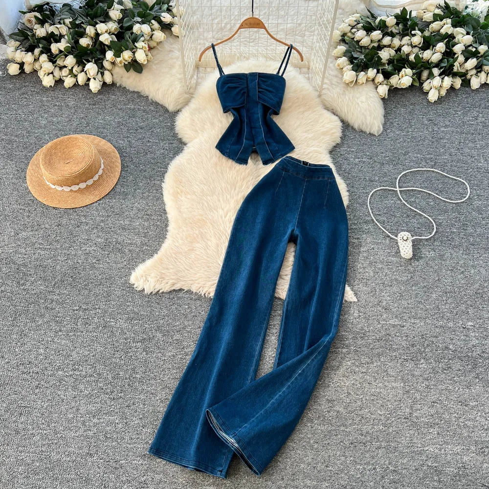 Denim Inspired Two Piece Set Strapless Top And High Waist Wide Leg Pants With Zipper