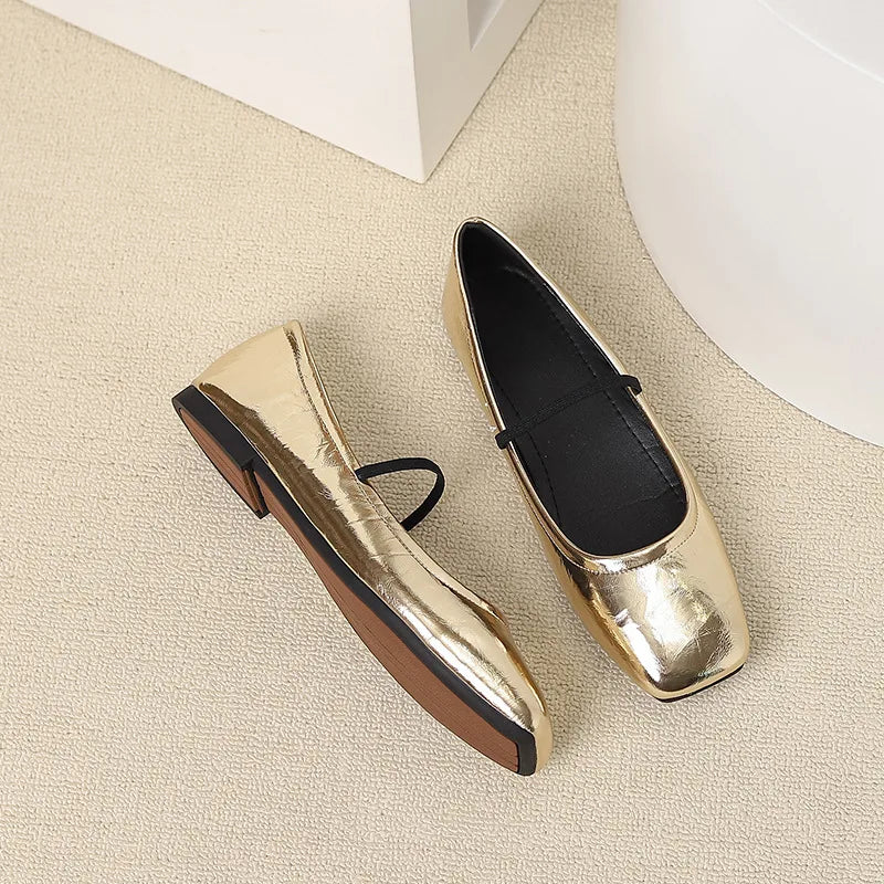Metallic Square-Toe Mary Janes Slip-On Flats