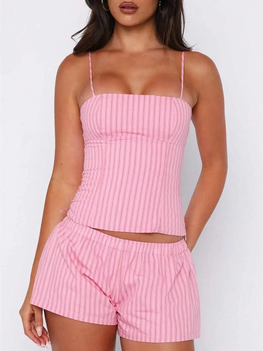 Striped Sleeveless Cami Set With Fold Over Shorts