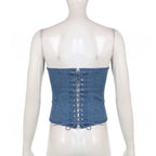 Off Shoulder Denim Corset Tank Top With Lace Up Back Hollow Detail Slim Bustier Camisole