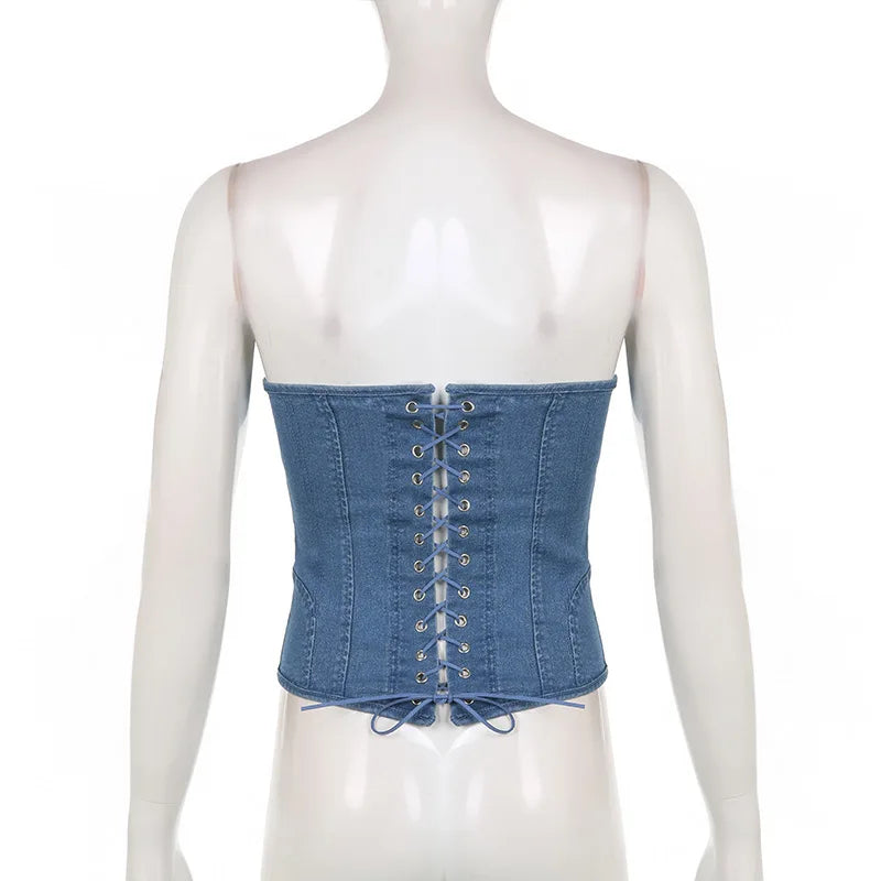 Off Shoulder Denim Corset Tank Top With Lace Up Back Hollow Detail Slim Bustier Camisole