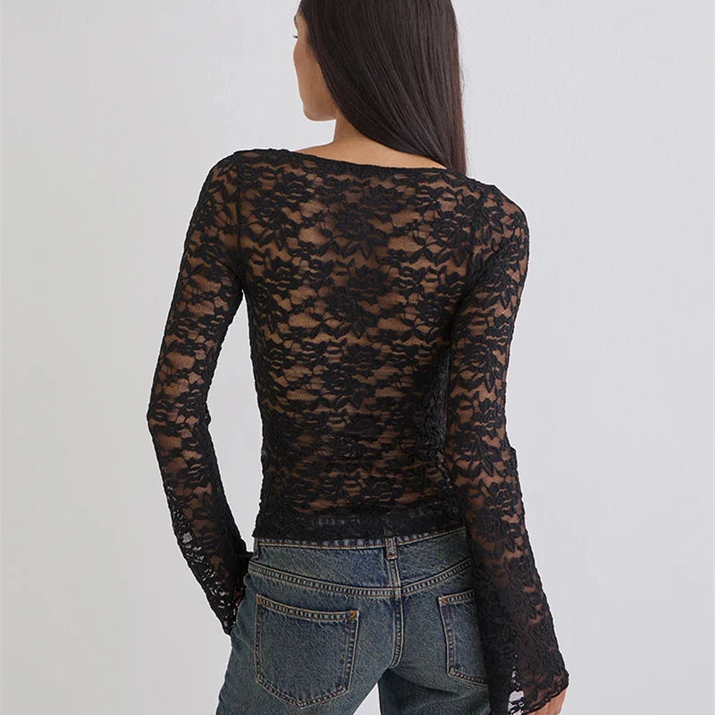 V-Neck Long Sleeve Lace See Through Slim Fit Shirt women’s