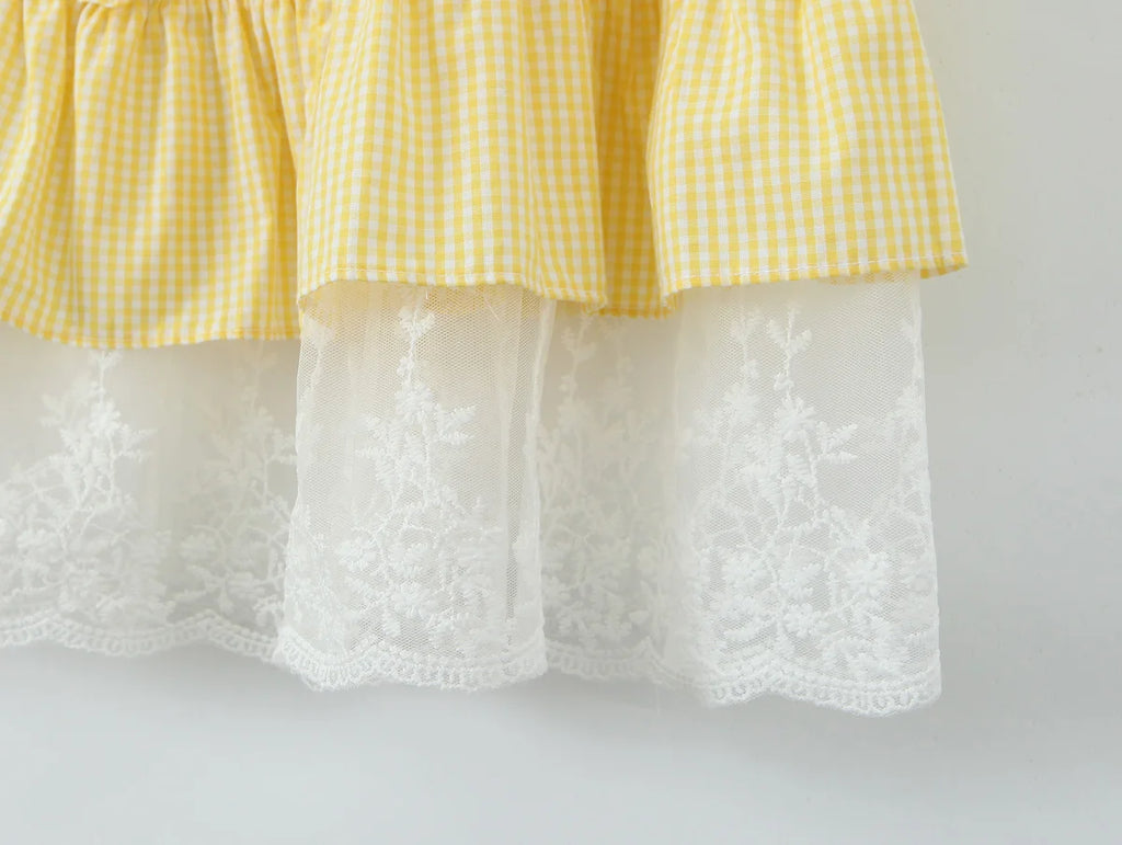 Yellow Gingham Lace Top And Skirt Set Vintage