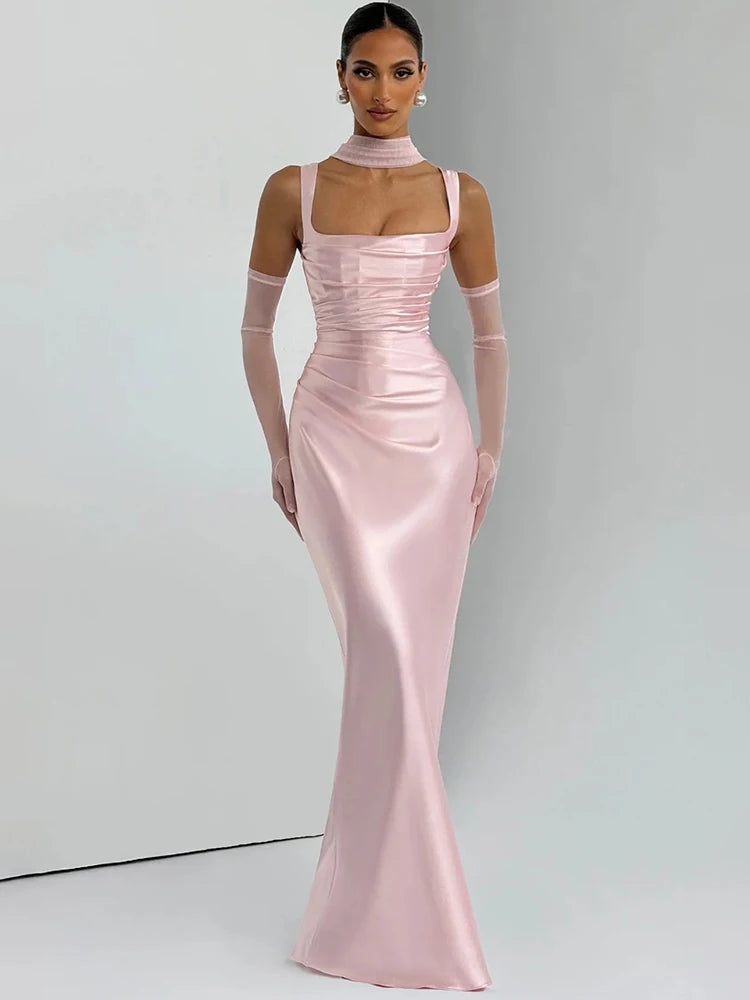 Elegant Satin Backless Halter Off-Shoulder Maxi Dress