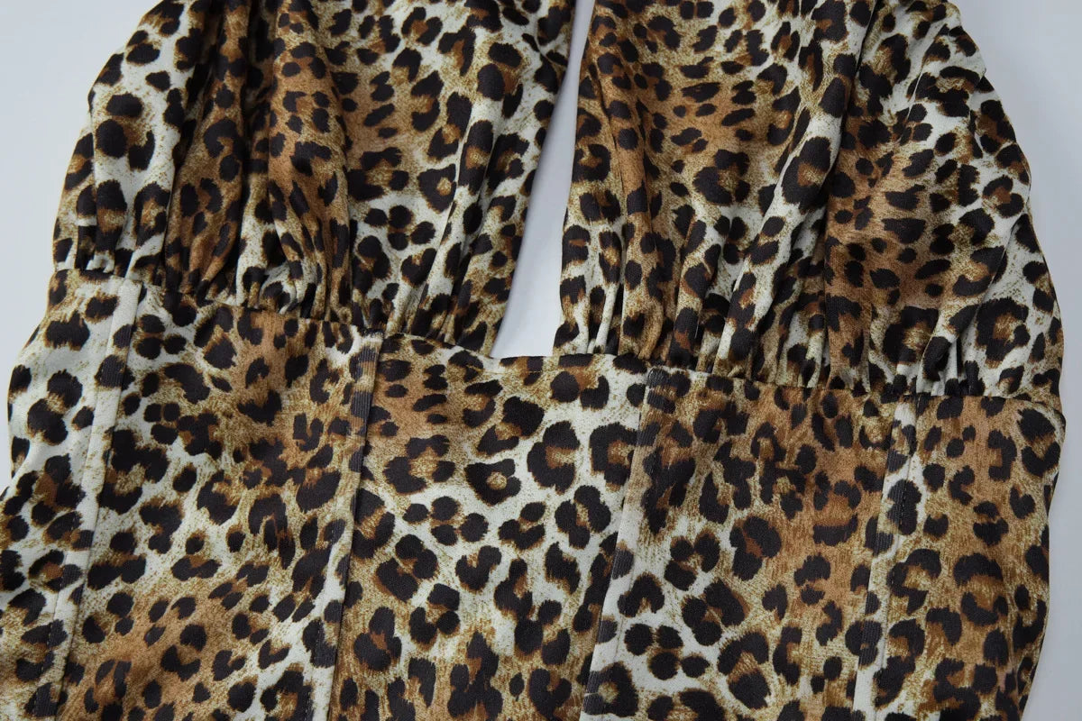 Leopard Print Halter Neck Crop Top With Lace Up Details And Backless Design