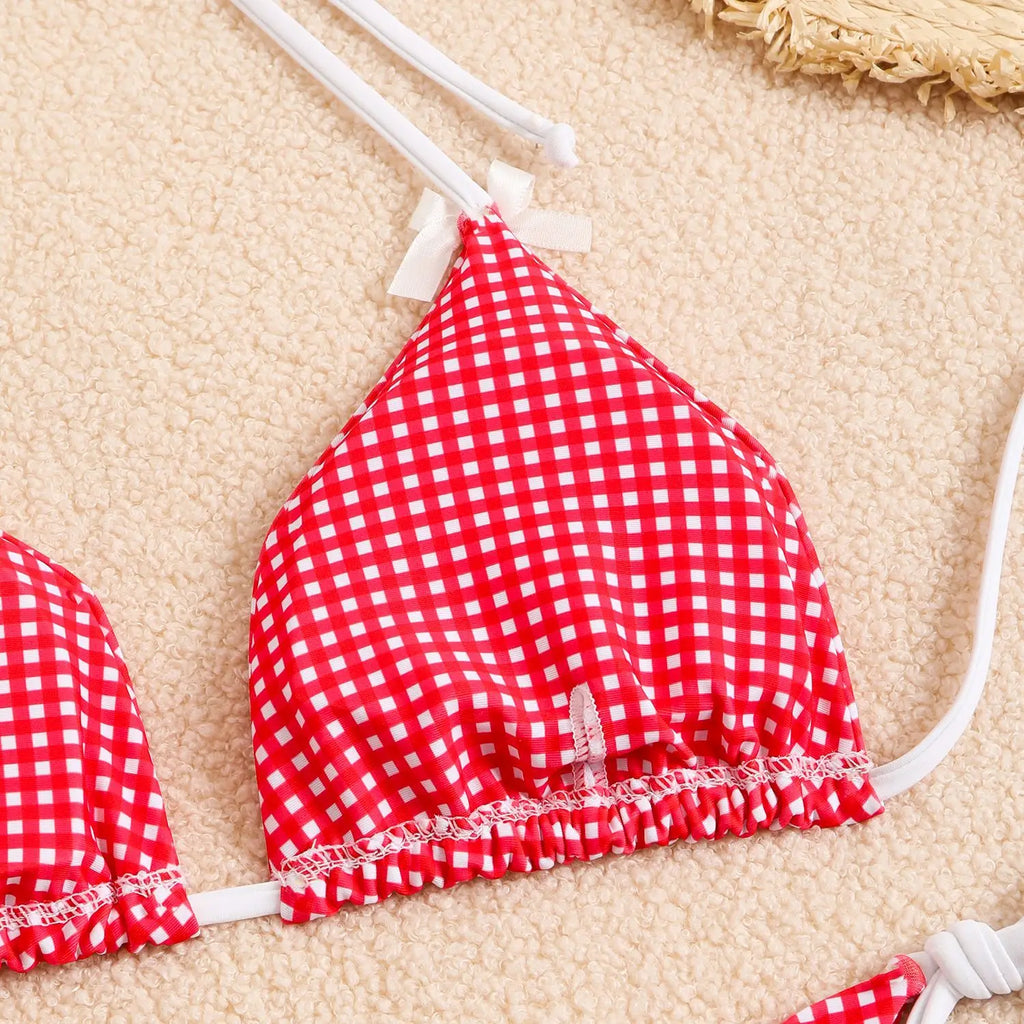 Plaid Dot Swimsuit With Neck Bow Tie Vintage Beachwear