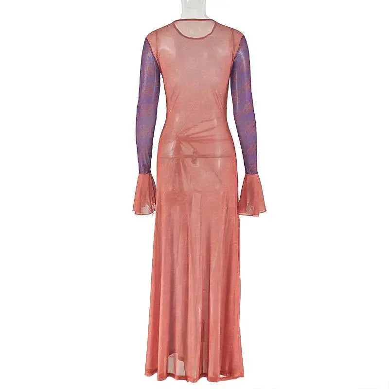 Vivid Patchwork See Through Dress With Flare Sleeves And Side Split