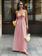 Sea Breeze Striped Deep V Beach Dress With Backless Sleeveless Maxi