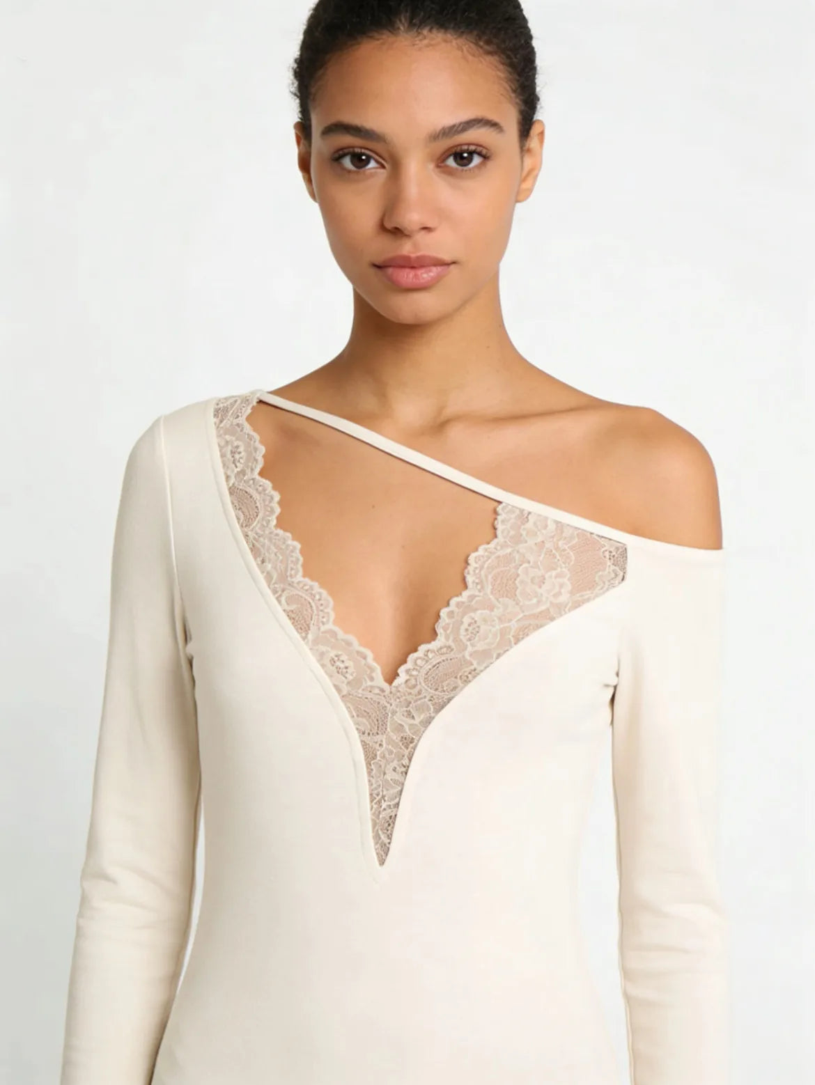 Soft Cotton Long Sleeve Lace Trim V Neck Top Feminine Style