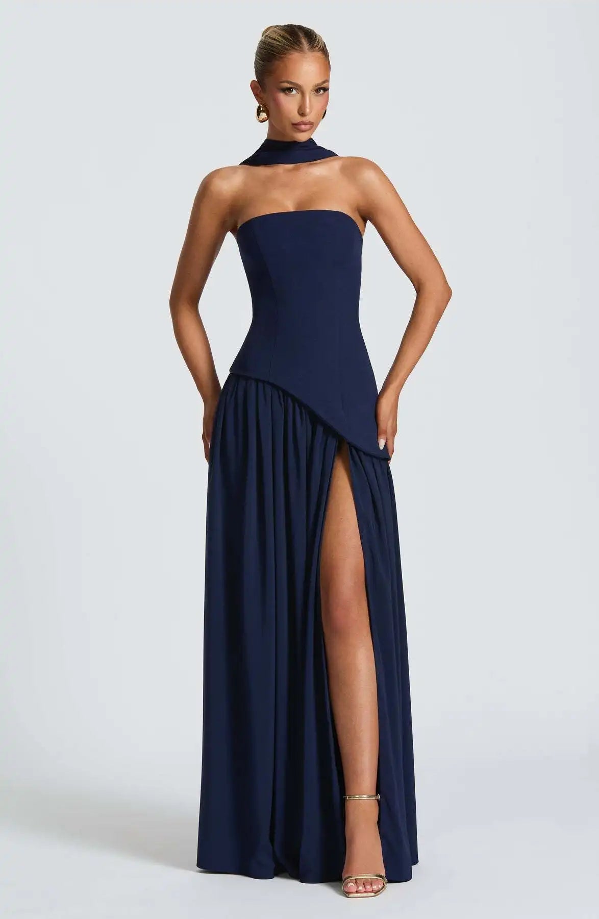 Elegant Off-Shoulder Evening Gown With Patchwork Pleats And Scarf Neck High Split Long Dress