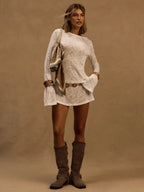 A Line Knit Mini Dress With Slash Neck And Bell Sleeves