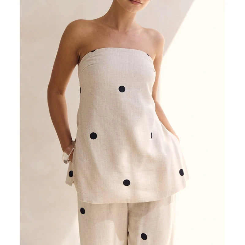 Polka Dot Print Outfits Set Smocked Backless Strapless Tube Tops+Elastic High Waist Wide Leg Pants