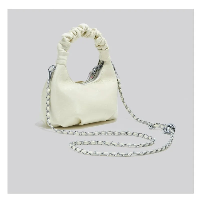 Cloudy Glamour Plush Pendant Shoulder Bag in Glossy Ruched Leather