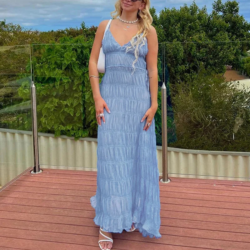 V Neck Maxi Dress With Empire Waist Elegant Sleeveless Gown