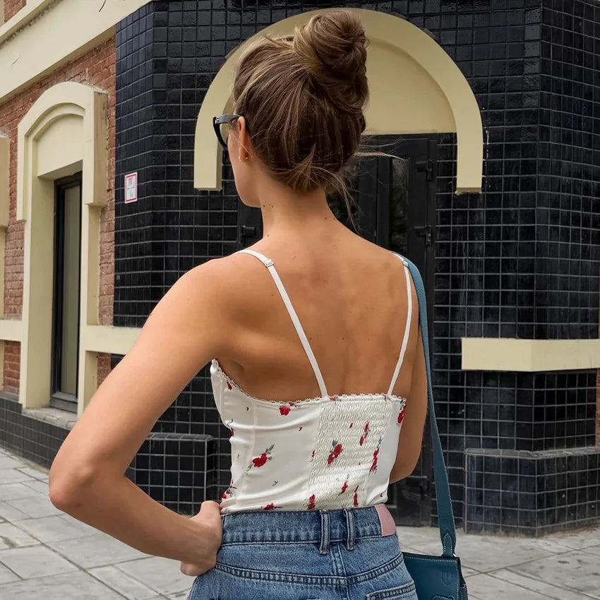 U Neck Lace Suspender Backless Top Floral Print