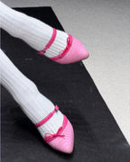 Vivid Pink Pointed Toe Pumps With Bow Strap Croc Embossed Detail