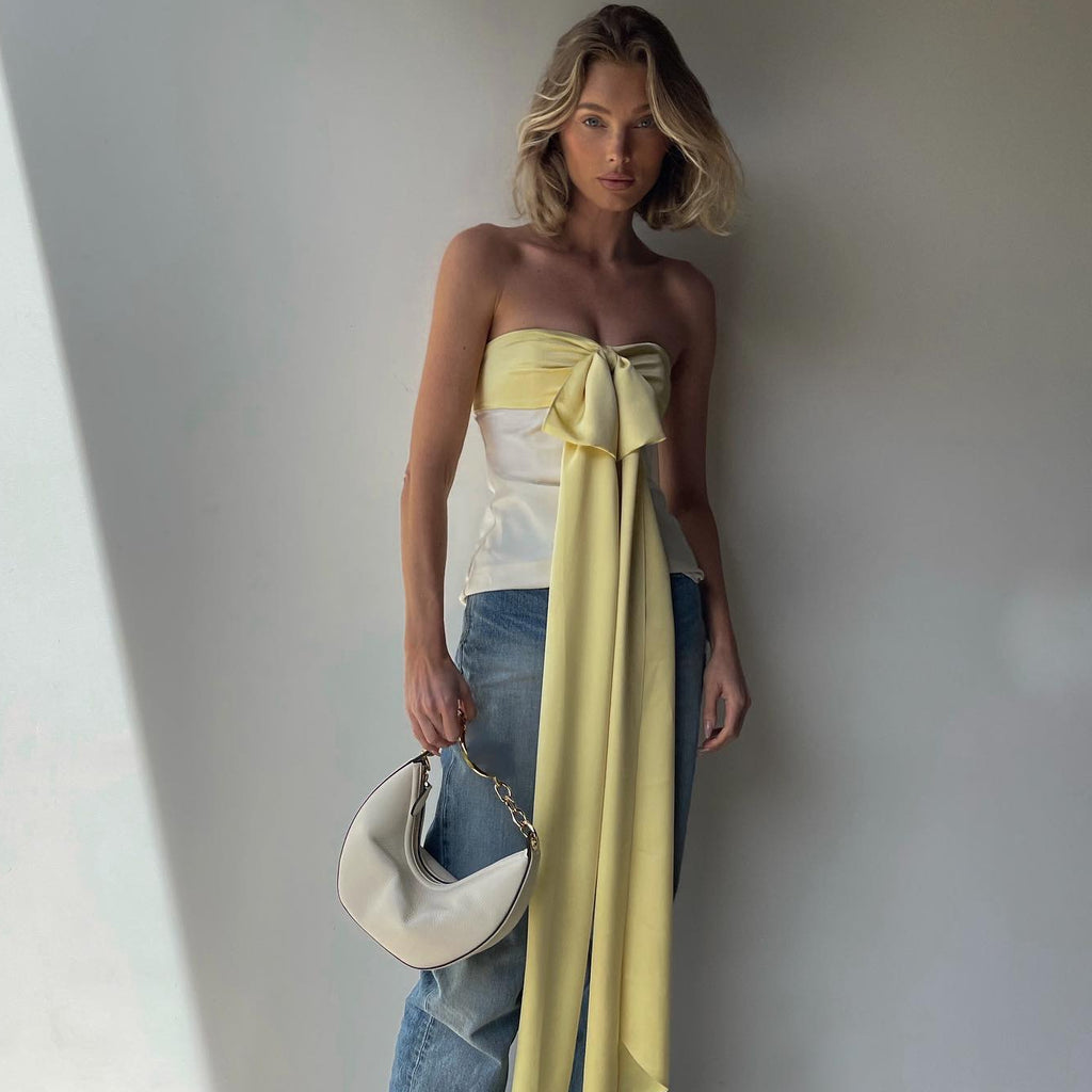 Satin Patchwork Bow Off Shoulder Tank Top Glam