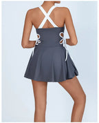 Tennis Dress Women with Separate Shorts White Contrast Hollowed Out Drawstring Side Sports Yoga Dress Training Running Fitness