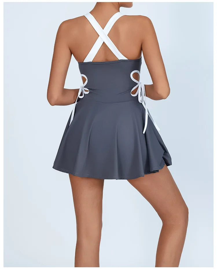 Tennis Dress Women with Separate Shorts White Contrast Hollowed Out Drawstring Side Sports Yoga Dress Training Running Fitness
