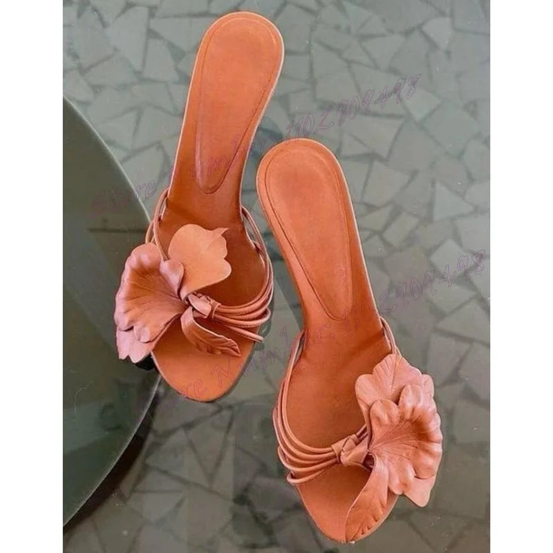 Flower Decor Open Toe Matte Leather Stiletto Chic High Heel Shoes