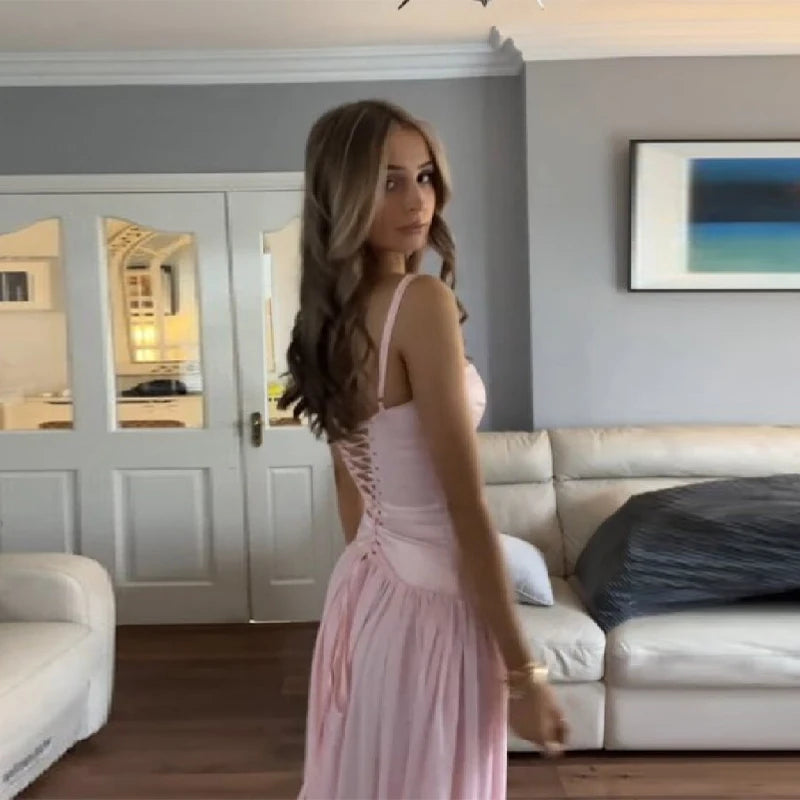 Pink Strapless Dress With Back Tie And Square Neckline