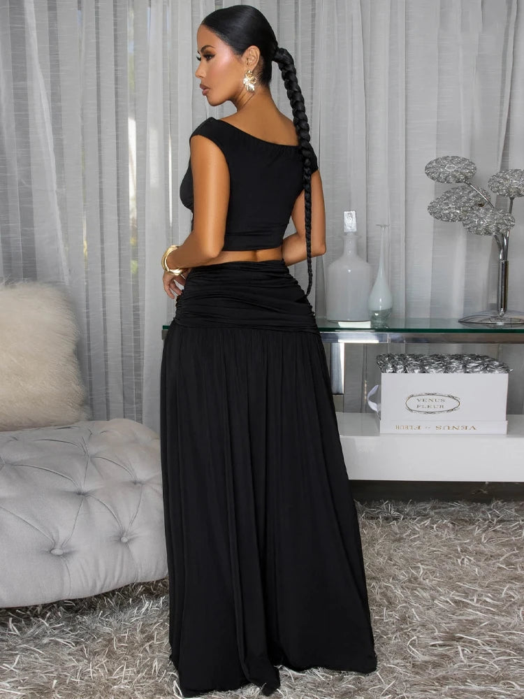 Gold Brooch Top And Maxi Skirt Set With Ruched Detail And High Slit