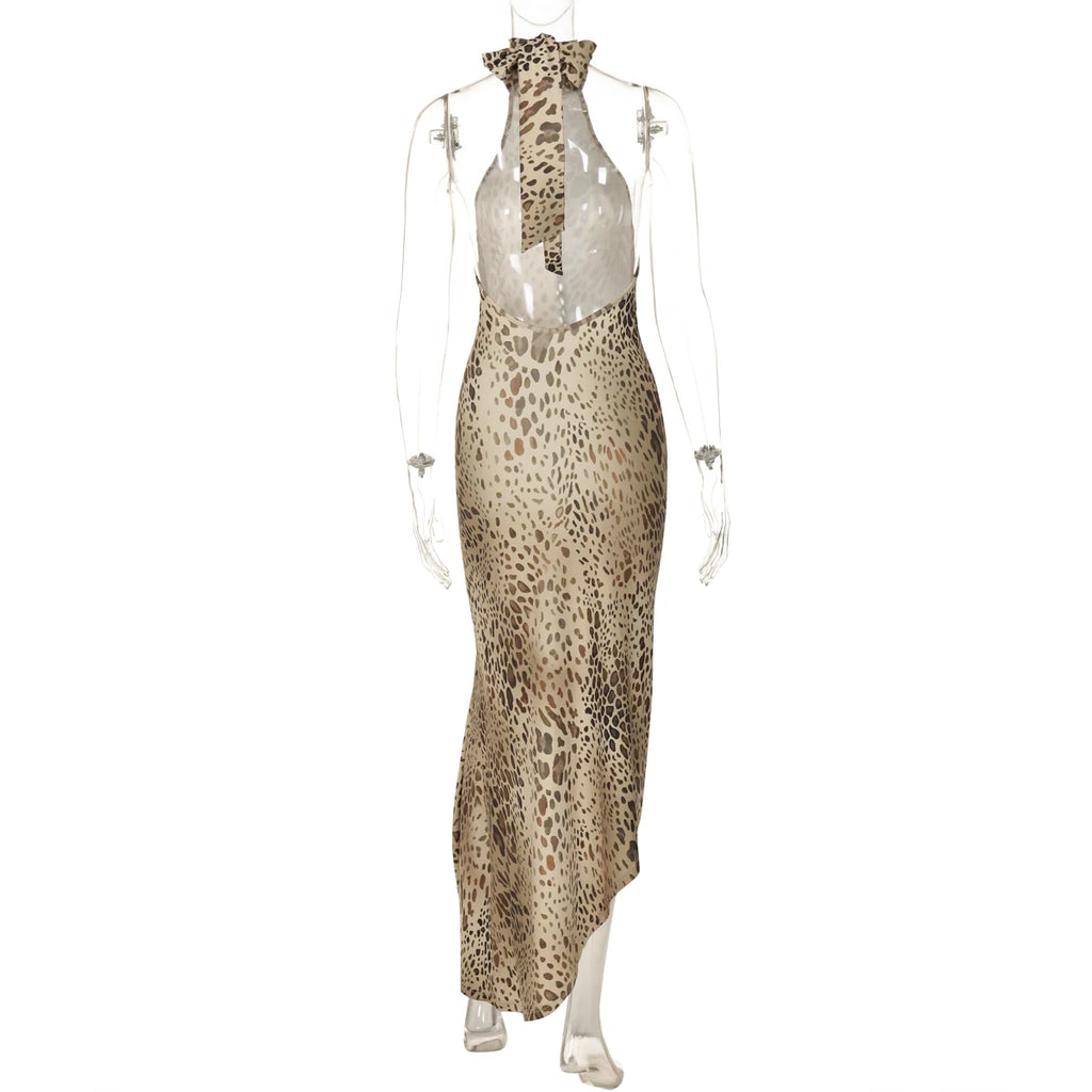 Leopard Print Turtleneck Sleeveless Backless Maxi Dress With Cutout Slit