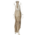 Leopard Print Turtleneck Sleeveless Backless Maxi Dress With Cutout Slit