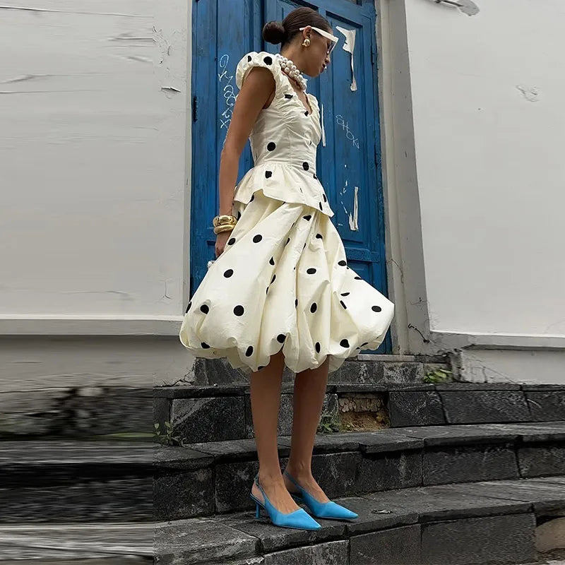 Fashion Women's Lady Suit Halter A-line Tops Bud Loose Skirt Polka Dot Set