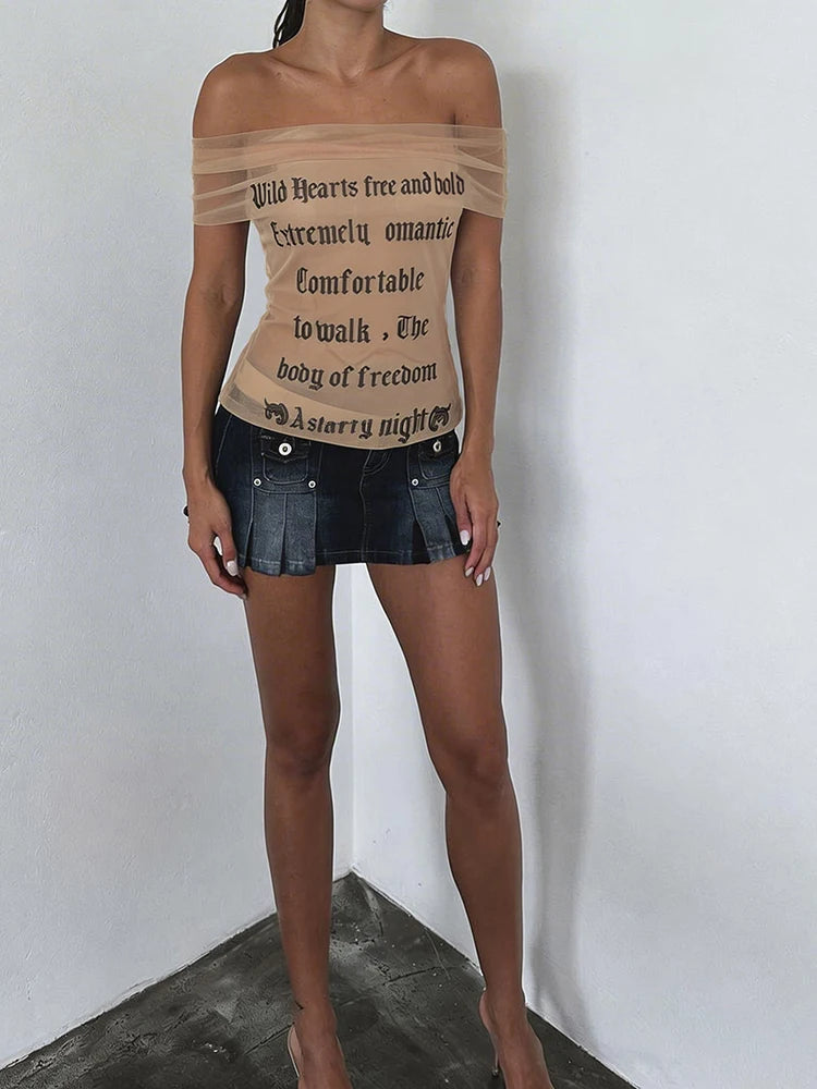 Midnight Letter Print Mesh Patchwork Top With Backless Design For Women Streetwear Mood
