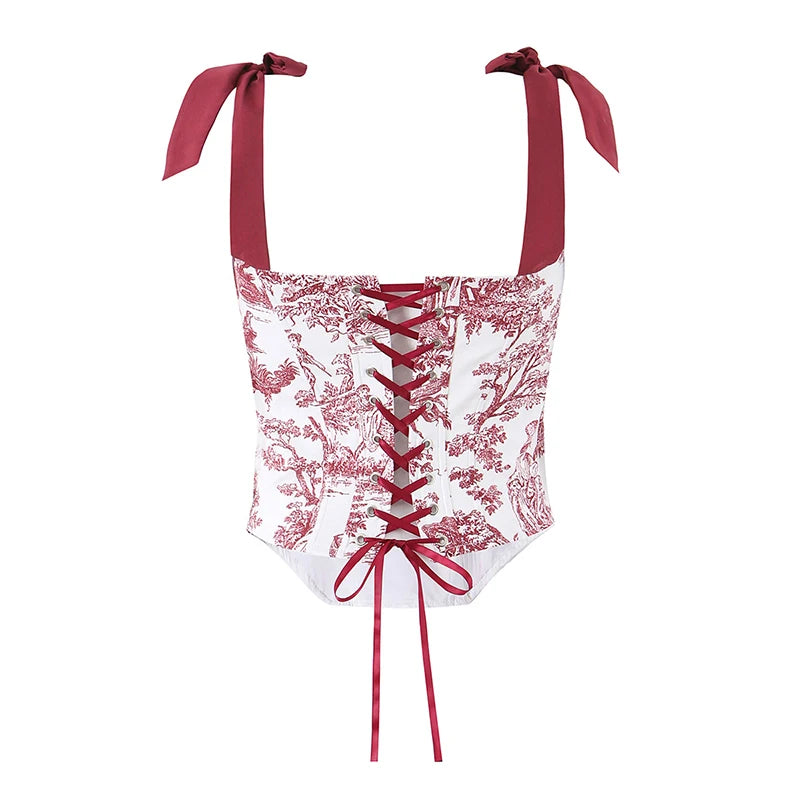 Sexy Women's Print Corset Top Bow Tie Straps Lacing Up Back Top