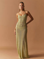 Floral Knit Strap Maxi Dress Backless Beach Cover Up For Summer Vacation And Resort Style