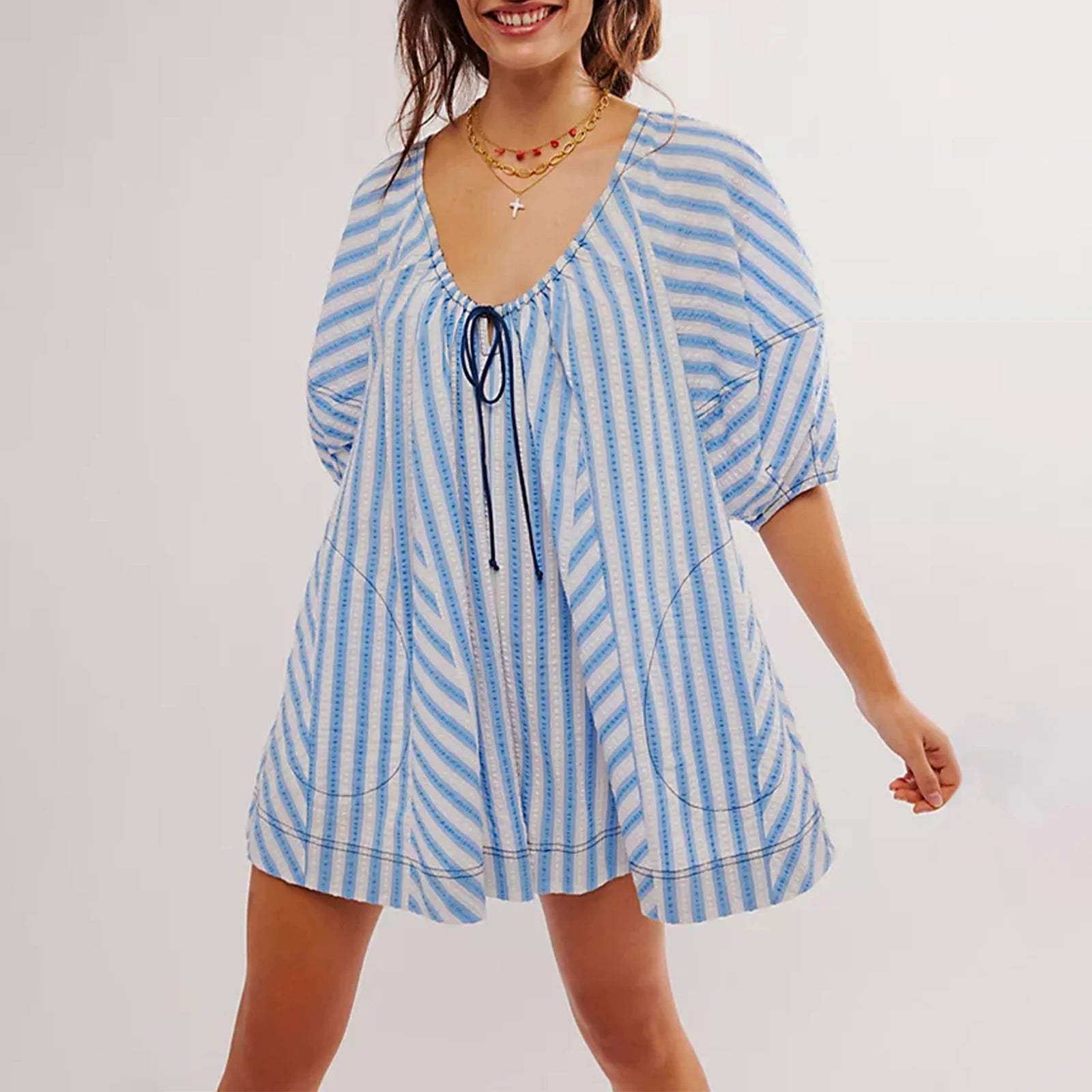 Y2k Rompers Sexy Loose Puff Sleeve V Neck Striped Jumpsuits Shorts Overalls Dress