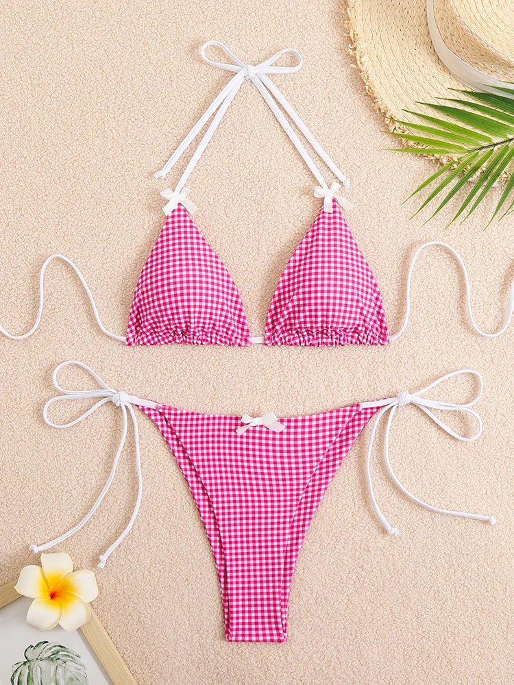 Plaid Dot Swimsuit With Neck Bow Tie Vintage Beachwear