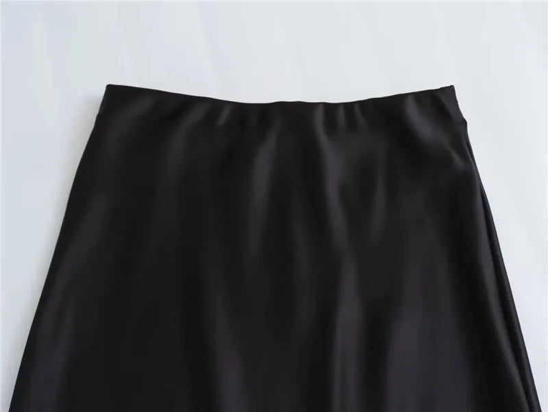 Satin High Waist Midi Skirt With Flair
