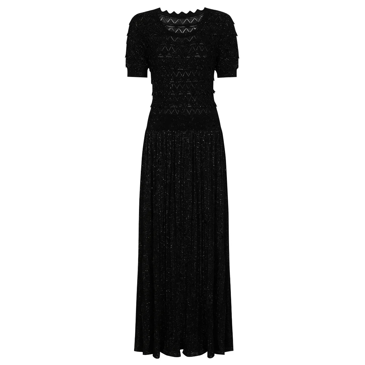 Knit Maxi Dress With Short Sleeve Hollow Detailing And Pleated Skirt