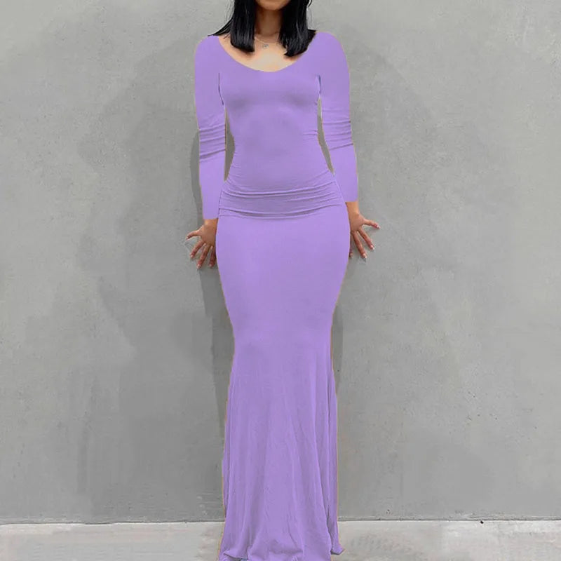 Long Sleeve Dress With Slim Silhouette And Flowing Maxi Skirt