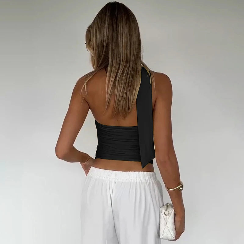 Elegant Halter Crop Top With Scarf Strap Ruched Slim Solid Design For Summer Streetwear