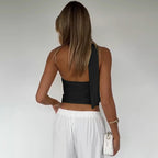 Elegant Halter Crop Top With Scarf Strap Ruched Slim Solid Design For Summer Streetwear