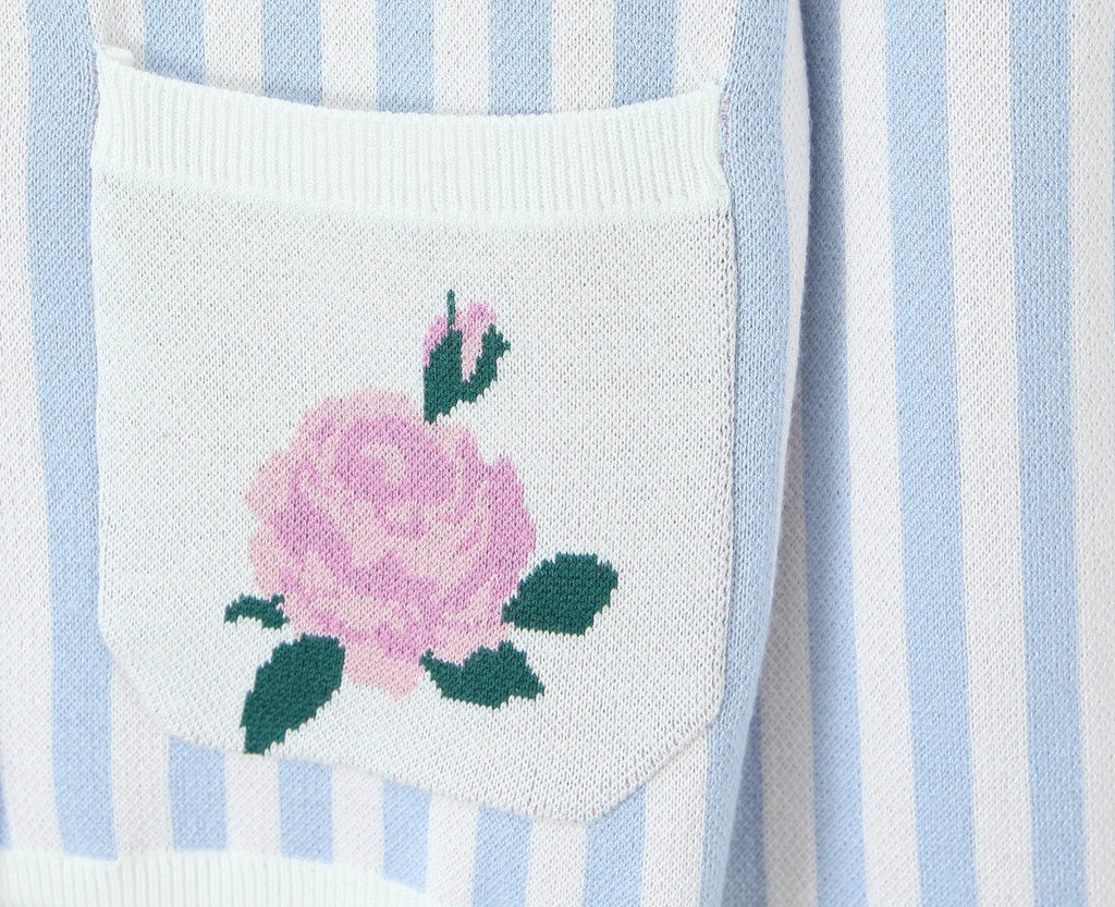 Sweet Blue White Striped Button Through Pointelle Knit Cardigan Sweater Woman Full Puff Sleeve Jumper Cropped Knitwear