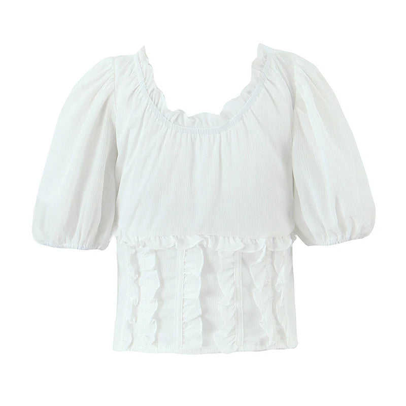 Sunlit Vintage Puff Sleeve V Neck White Chiffon Crop Top Blouse