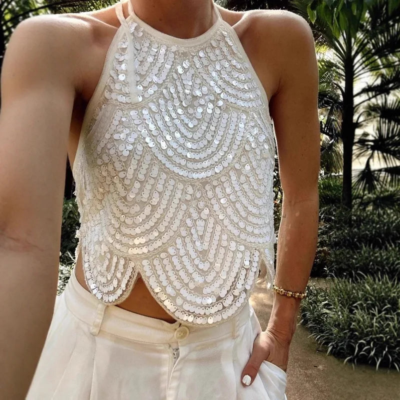 Backless Halter Sequin Crop Top Sparkly Sleeveless Glitter Camisole