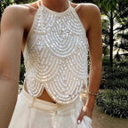 Backless Halter Sequin Crop Top Sparkly Sleeveless Glitter Camisole