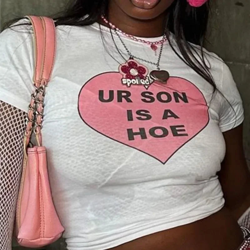 Y2K Heart Print Crop Top ONeck Gothic Grunge Hip Hop Style With Short Sleeves For Women