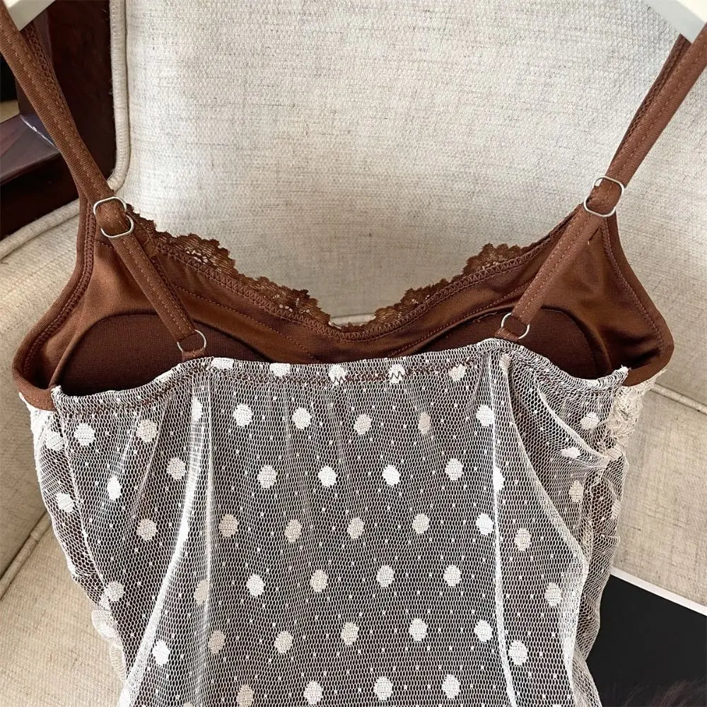 Lace Dots Wrapped Camisole With Pads Slim Fit Tank Top