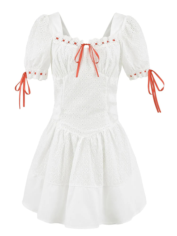 Vintage Bowknot White Dress With Square Collar Cotton Hollow Out
