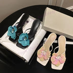 Elegant Floral Leather Slippers With Matte Square-Toe
