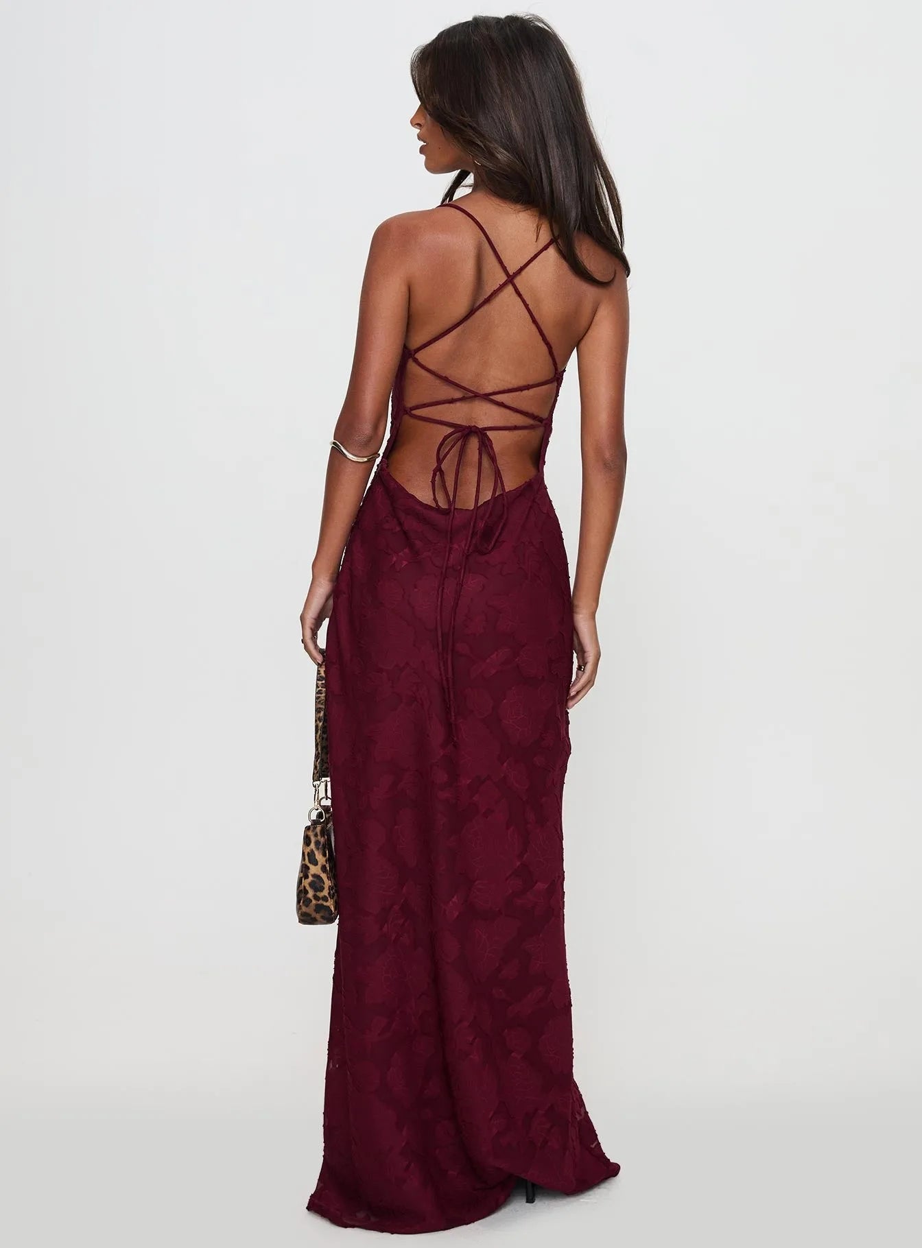 Romantic Floral Jacquard Maxi Dress With Spaghetti Straps Ruched