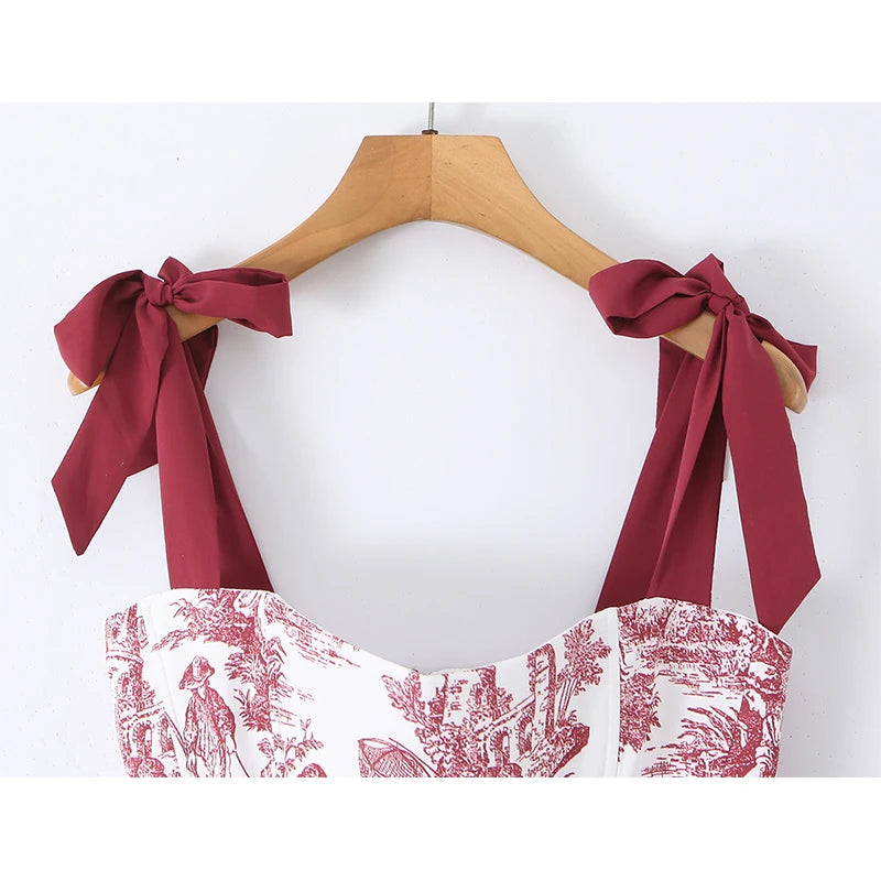 Sexy Women's Print Corset Top Bow Tie Straps Lacing Up Back Top