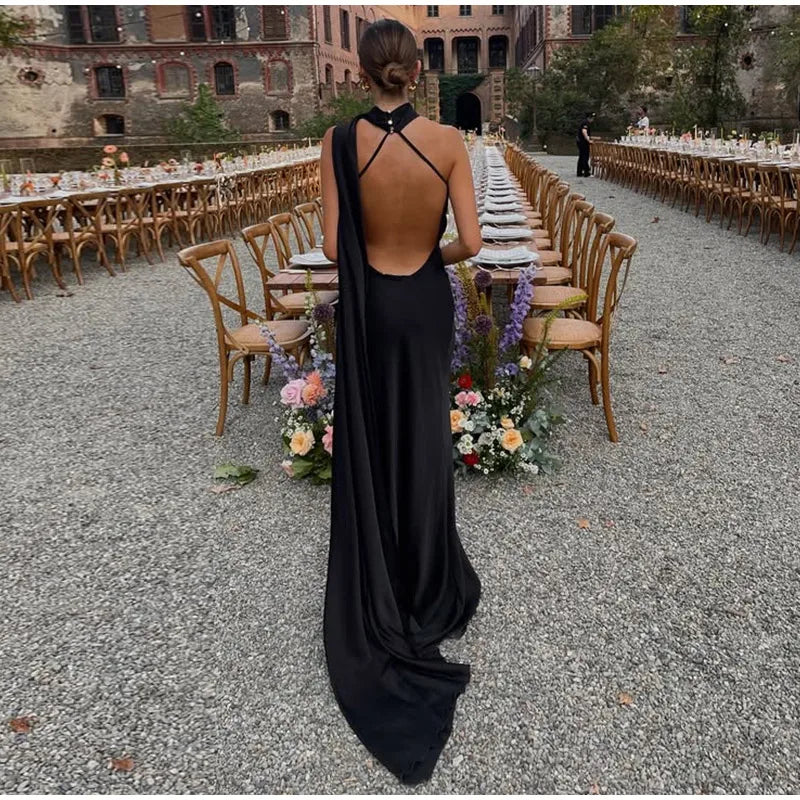 Sexy Satin Ribbon Backless Halter Dress For Elegant Evening Gown